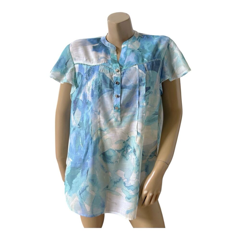 Juniper + Lime Blouse Womens XL Blue Floral Split Neck Flutter Sleeve Tunic Top